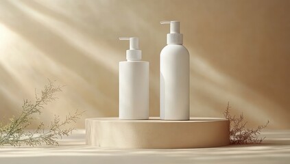 two white pump bottles on a round beige pedestal with soft natural light and delicate green foliage against a warm neutral background