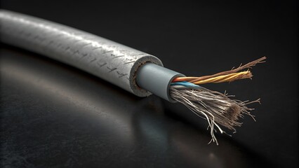 Electrical cable with exposed wires on black surface. Suitable for electrician services, power supply themes, diy projects, equipment maintenance.