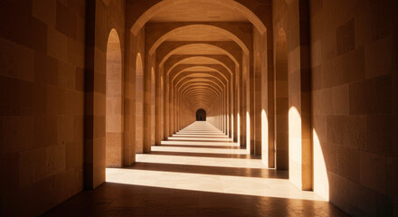 Long corridor with arches leading to a dark tunnel, creating a path to an unknown future or destination. Architecture background.