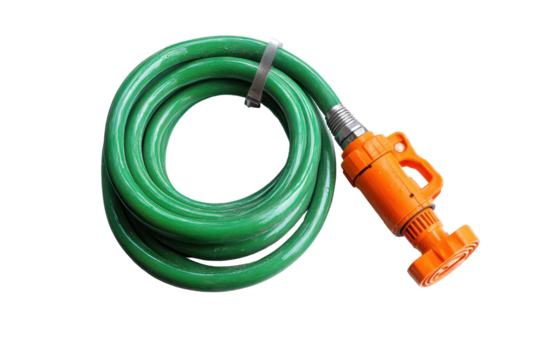 Flexible green garden hose coil with orange nozzle for watering plants in outdoor spaces during bright daytime