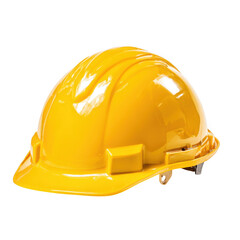 Fototapeta premium Bright yellow construction hard hat with adjustable straps isolated on transparent background