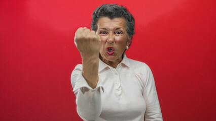 Senior woman with grey hair expressing strong emotions and clenching a fist against a vibrant red...
