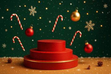 Festive Red and Gold Christmas Podium with Ornaments and Snowfall