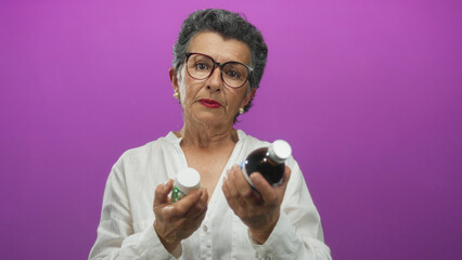 Senior woman with grey hair examines medicine bottles against a vibrant pink background, showcasing healthcare choices for mature adults.
