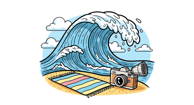 Capturing oceanic splendor memories seaside with vintage camera sketch