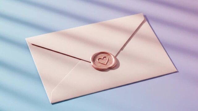 Elegant envelope sealed with wax heart on pastel background for wedding invitation stationary design
