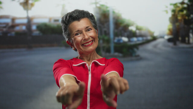 Senior woman with grey hair and red outfit smiling and pointing at the camera on a city street with blurred urban background and palm trees.