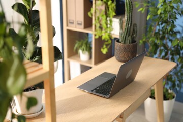 Stylish workplace with laptop on wooden desk and floral decor in office. Biophilic interior design