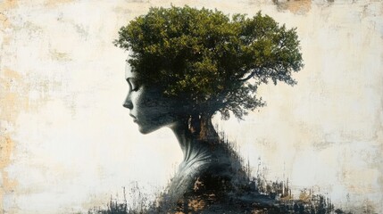 Silhouette of a contemplative woman blended with a large green tree, symbolizing connection between human and nature in a calm, serene composition