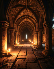 Medieval vaulted corridor with candles