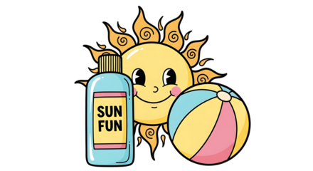 A whimsical cartoon depicting summer essentials on a dark background design