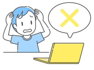 ノートパソコンの画面を見て頭を抱える若い男性のイラスト