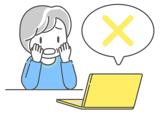 ノートパソコンの画面を見てショックを受けるシニア女性のイラスト
