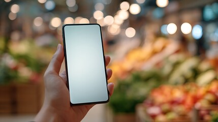 Close-up of a hand holding a smartphone with a blank screen in a bustling marketplace