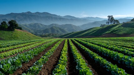 Panoramic lush green farm field with rolling hills mountains and distant tractor under blue sky
