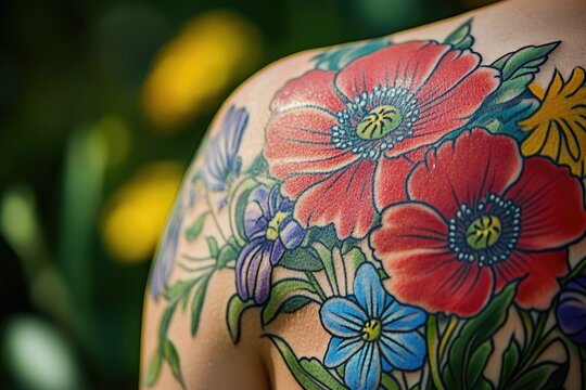 Vibrant floral tattoo on a woman's shoulder, featuring poppies and other flowers.