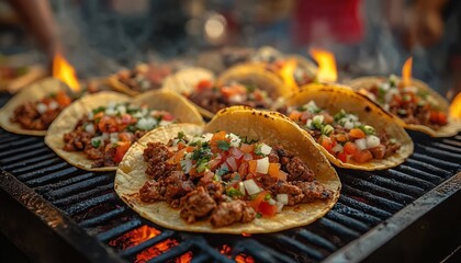 Close-up of multiple sizzling tacos with seasoned meat, diced tomatoes, onions, and fresh cilantro on grilled corn tortillas over open flames