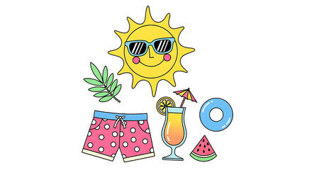 Bright cartoon summer beach accessories on a black background illustration