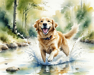 Energetic watercolor Golden Retriever, joyfully splashing through a shallow forest stream. Vibrant, playful nature scene for pet and outdoor designs