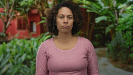 Woman in pink shirt lifts hand to forehead in building walkway lined with lush green foliage and trees; stress.