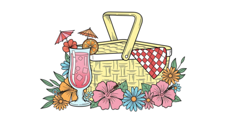Tropical picnic illustration with floral decoration and refreshing beverage