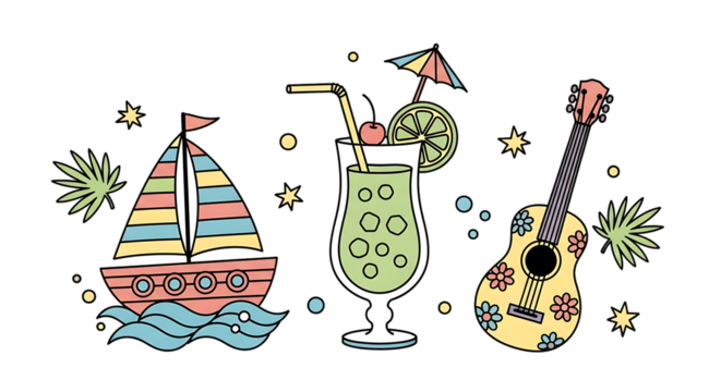 Stylized summer vacation elements with boat, cocktail and guitar on black - Powered by Adobe