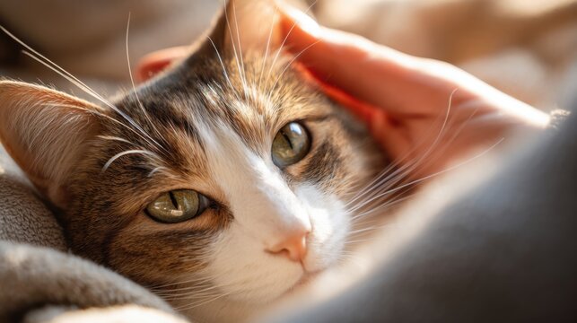 Closeup of a calm calico cat with green eyes being petted on the head by a human hand, resting on a cozy blanket in warm sunlight, creating a loving, peaceful and affectionate atmosphere ideal for pet - Powered by Adobe