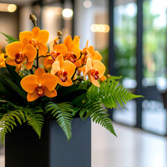 Orange orchids arrangement in modern planter