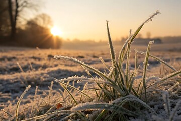 Obraz premium Close up of frosted grass blades catching the warm glow of a sunrise