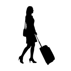 Silhouette of businesswoman walking with suitcase and bag in heels, symbolizing travel, journey, business trip purpose