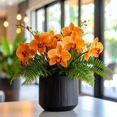 Orange orchids in modern vase
