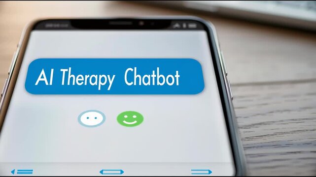 Mental health technology support with AI therapy chatbot on smartphone screen for emotional wellness, digital care, and counseling solutions