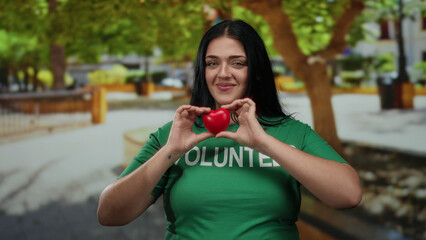 Fototapeta premium Woman wearing green volunteer shirt holding heart-shaped object smiling in sunny park setting suggesting community spirit and kindness outdoors.