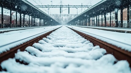 Railway tracks covered in heavy snow during winter cold season
