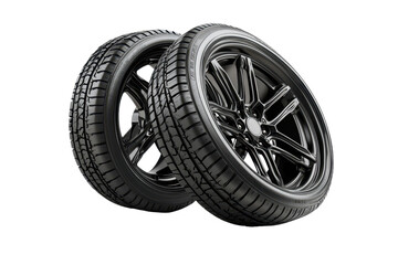 Obraz premium High-quality new car tires with a sleek design, showcasing black rims and detailed tread patterns, isolated on white background for automotive enthusiasts and spare part buyers