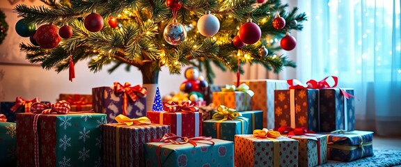 Christmas morning, presents under tree, colorful wrapping paper, tree, cute