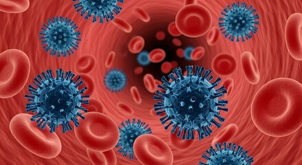 Illustration of viruses and red blood cells in the bloodstream