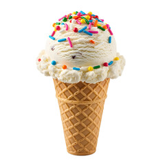 A delicious vanilla ice cream cone with colorful sprinkles isolated on transparent background, perfect for a sweet treat on a hot summer day or a fun party celebration