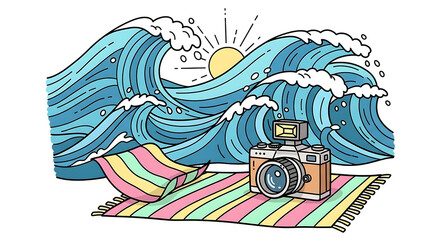 Vintage camera captures ocean beauty and sunlight on vibrant striped beach towel