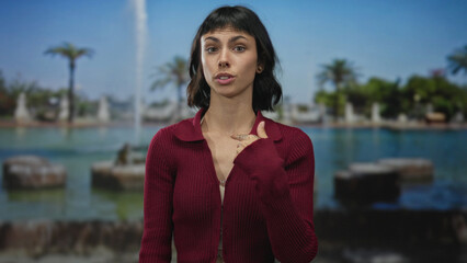 Young hispanic woman pointing her finger toward camera in front of a fountain on a busy street;...