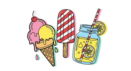 Bright summer treats on black background featuring ice cream popsicle lemonade