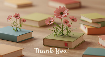 Symbolic digital rendering of learning and intellectual growth, where fresh pink flowers sprout from colorful storybooks on a wooden table, a concept of appreciation for education and wisdom