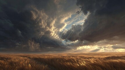 Fototapeta premium Dramatic sky with dark clouds over a field or landscape at sunset.
