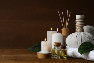 Spa treatments on a wooden table. Natural cosmetic products