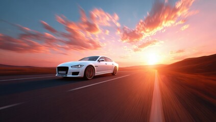 White car driving on open road at sunset with vibrant sky and motion blur, capturing travel adventure and freedom concept.