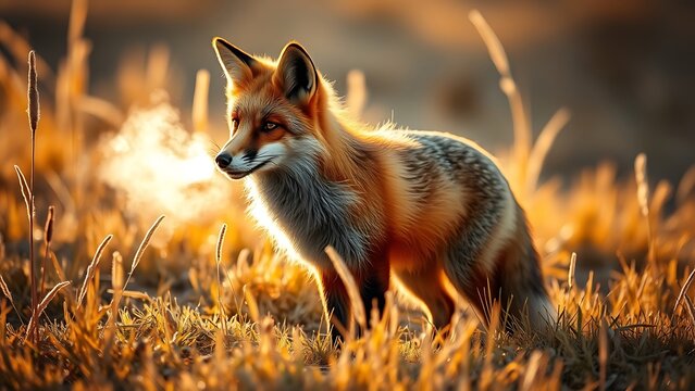 Golden hour sunlight illuminates a majestic red fox in a dry grass field