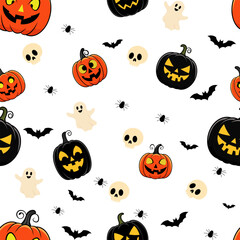 Seamless Halloween pattern with Pumpkins, Ghosts and Bats