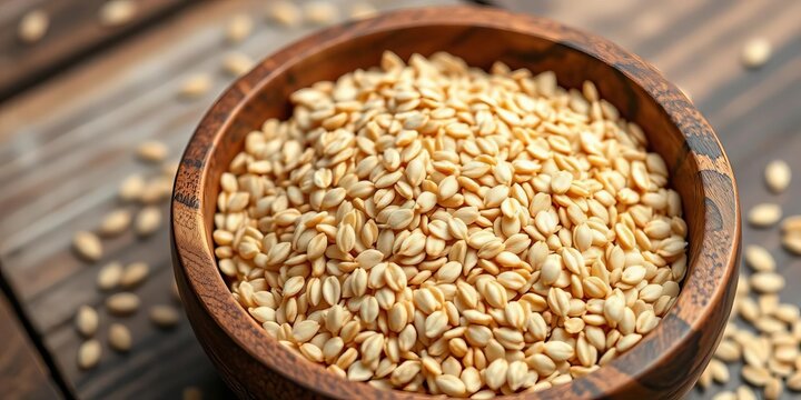Close-up of raw buckwheat groats in a rustic wooden bowl,  plant,  crop