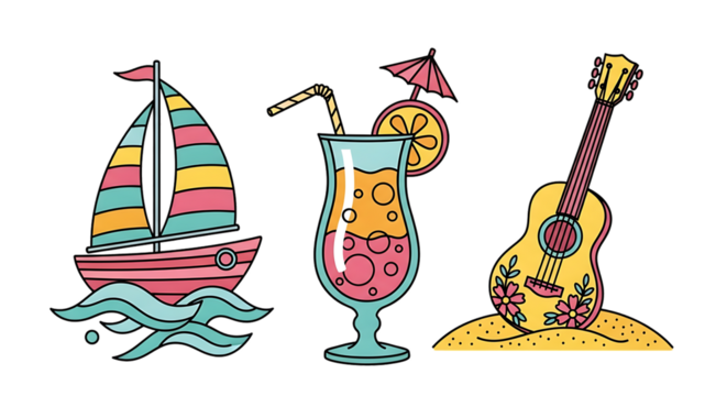 Playful summer holiday vibes with sailboat, cocktail, and floral ukulele drawing