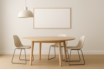 Fototapeta premium Dining table and round pendant lamp, landscape frame, white chairs, minimal wall with soft glow, calm decorative scene for interior stock use